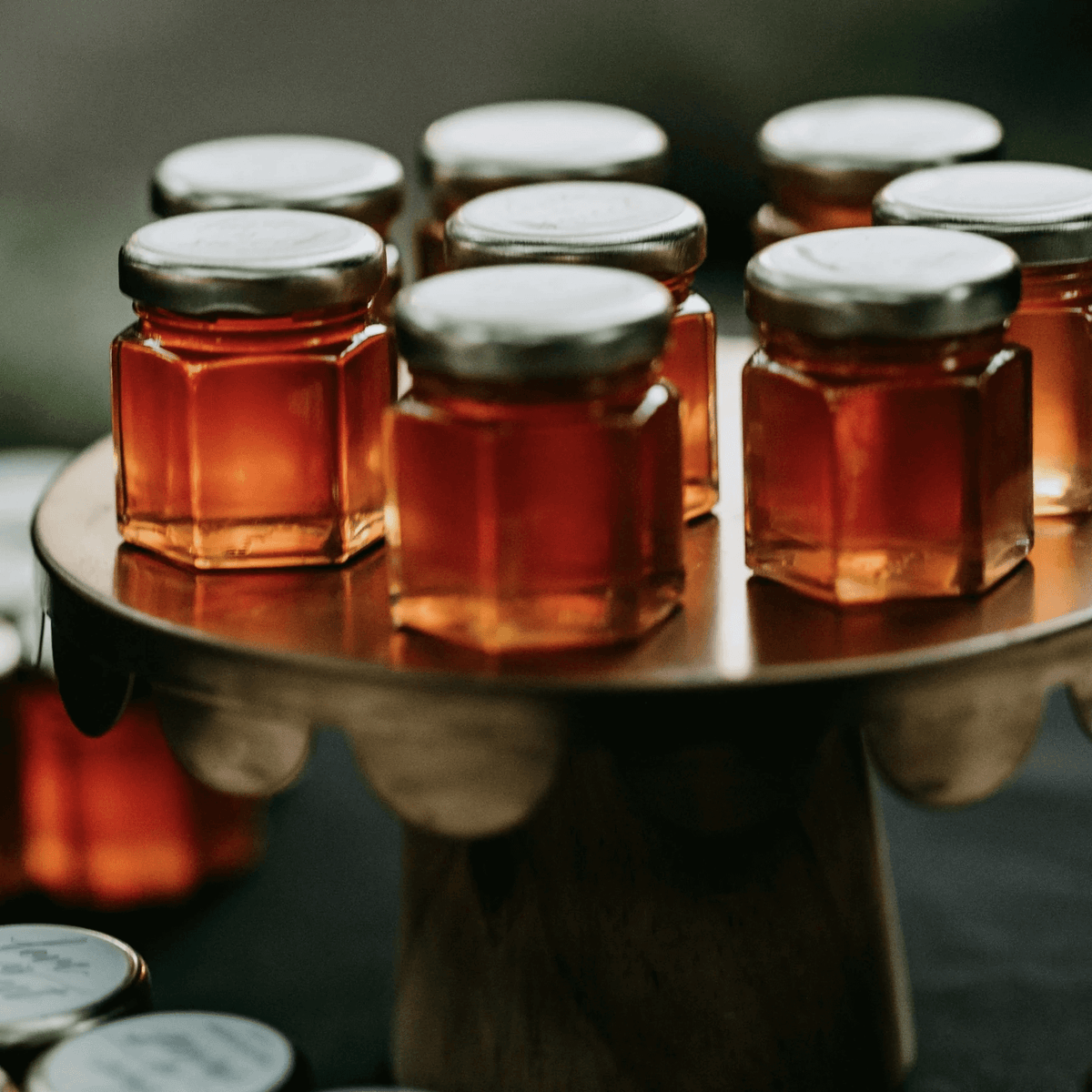 Glass Apiary Honey Wedding Favors, 2 oz. Glass Jars, NC Wildflower Honey