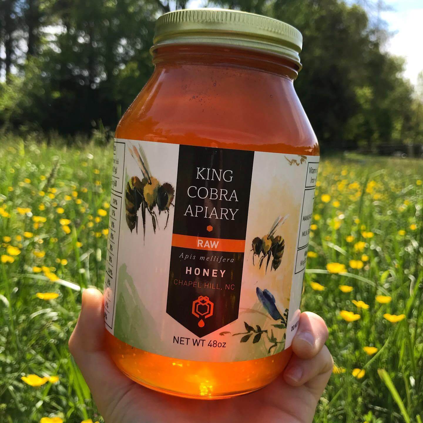 Raw Wildflower Honey - Spring Harvest - 48 oz - NC Honey in a glass jar held outdoors among wildflowers. North Carolina Honey - NC Honey - Local Honey - Honey Near Me - NC Bee Farm - Beekeeper Near Me